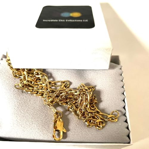 Exquisite 14K gold-filled Figaro chain necklace displayed in a luxurious jewelry box, showcasing its elegant design and craftsmanship.