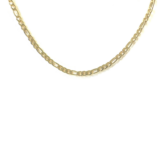 24K gold-filled Figaro chain necklace, 4mm width, 18-inch length, featuring alternating links for a timeless style.