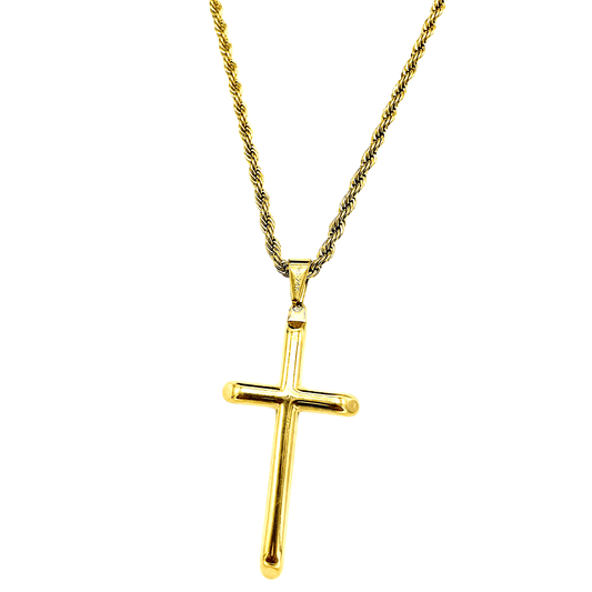 24K gold rope chain necklace with cross pendant, 3mm thickness, showcasing luxury and durability in unisex design.