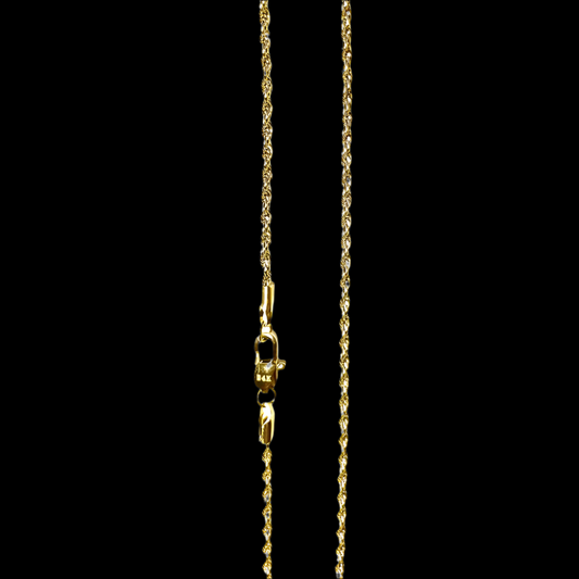 24K gold filled rope chain necklace with solid clasp, showcasing slender 2mm Miami Cuban link design.