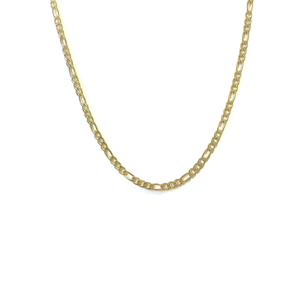 14K gold-filled Figaro chain necklace, 4mm width, 22 inches, featuring alternating links for elegant style.