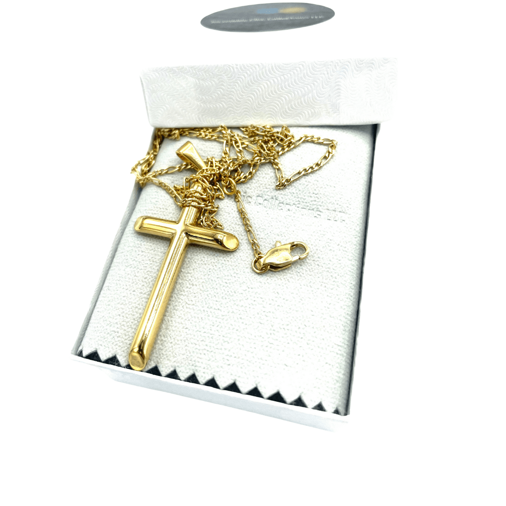 24k gold overlay Figaro chain cross pendant necklace in gift box with solid plated clasp, perfect for men, women, and teens.