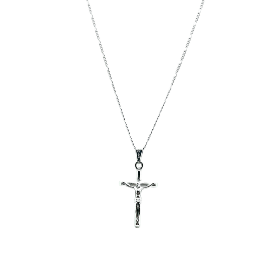 14k white gold crucifix necklace for men and women, showcasing a stunning cross pendant on a delicate chain.