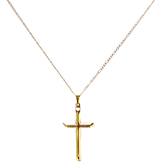 24k gold overlay Figaro chain cross pendant necklace for men and women, featuring a solid plated clasp.