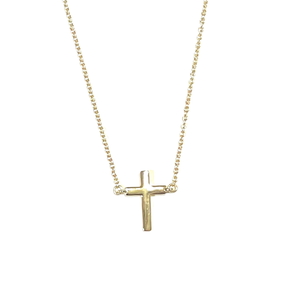 Tiny 14k gold cross necklace on a dainty chain, perfect for everyday layering and special occasions.