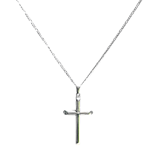 14k gold-plated cross pendant necklace with Figaro chain, handcrafted and tarnish-resistant, 22 inches long.