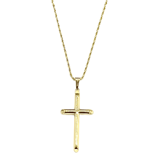 24K gold-filled rope chain necklace with a sleek cross pendant, perfect for men, women, and teens.